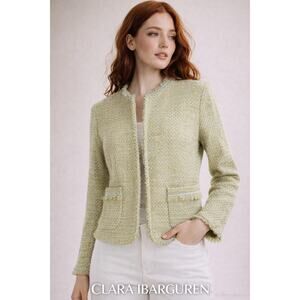 Clara Bargent Green Tweed jacket Frayed Trim Textured Blazer Style Med Old money